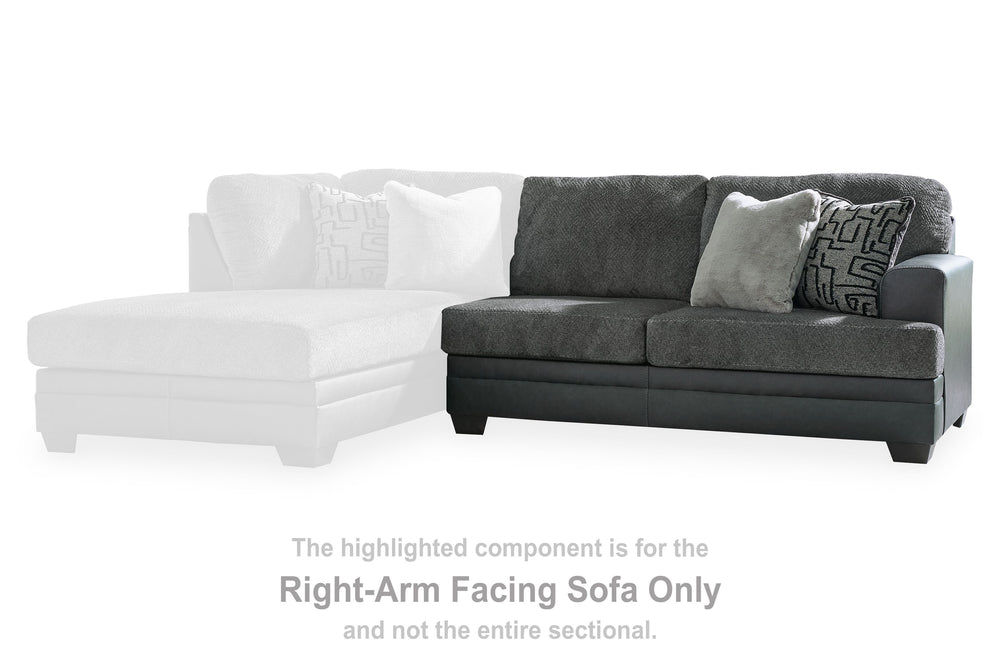 This right-arm facing sofa is made with polyester and faux leather upholstery. Pairs with other items in the series to make a sectional.<br><br><b>Additional Dimensions</b><br><ul><li>Arm height: 27-"</li><li>Seat depth: 23-"</li><li>Seat height: 21-"</li