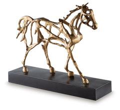 This magnificent equestrian sculpture is a stunning yet casual statement piece in step with your laid-back lifestyle. A cast iron figure in an antiqued goldtone stands atop a contrasting black metal base, making this sculpture a striking conversation star
