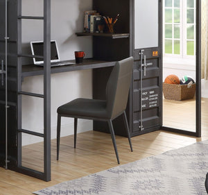 Bold industrial accents exude a funky New York loft vibe that makes an immediate impact to your space. The Cargo Chair embodies true industrial design with functional simplicity and bold elements. The metal frame in gunmetal finish gives it a strong indus
