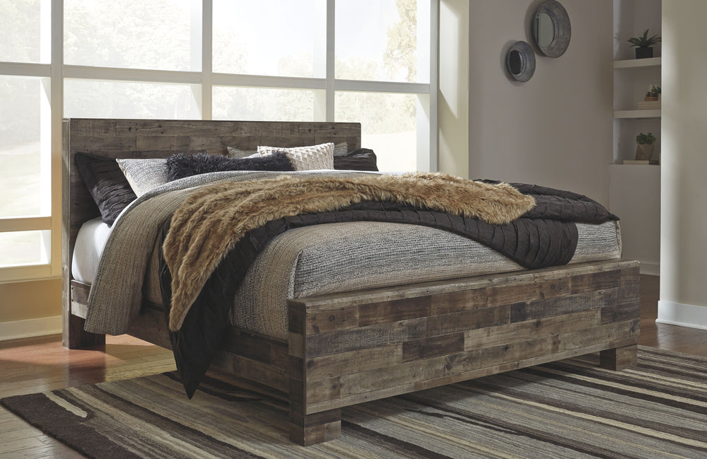 Modern yet hefty. This king panel bed makes an urban eclectic statement. Seasoned raw wood look merges with the clean lined design we love today. Muted rustic finish over replicated pine grain maintains its authenticity for a beauteous look. Mattress and 