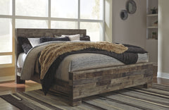 Modern yet hefty. This king panel bed makes an urban eclectic statement. Seasoned raw wood look merges with the clean lined design we love today. Muted rustic finish over replicated pine grain maintains its authenticity for a beauteous look. Mattress and 