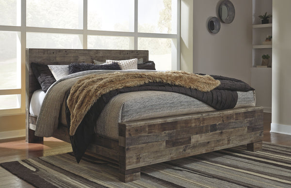Modern yet hefty. This king panel bed makes an urban eclectic statement. Seasoned raw wood look merges with the clean lined design we love today. Muted rustic finish over replicated pine grain maintains its authenticity for a beauteous look. Mattress and 