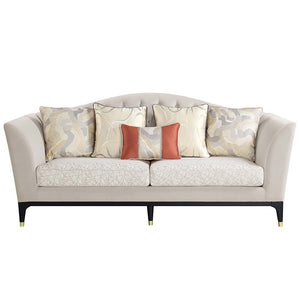  the seat cushions are upholstered in a geometric fabric. The black base and fee