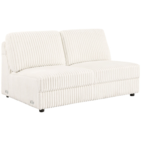 Add versatile seating to your sectional with the armless loveseat, upholstered in ivory wide corduroy. This piece offers plush comfort and easily fits anywhere within your modular setup.