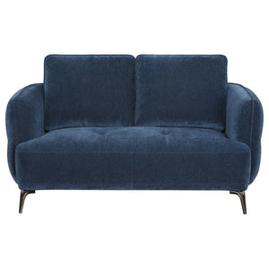  this loveseat offers both style and comfort. The deep blue upholstery adds a touch of luxur