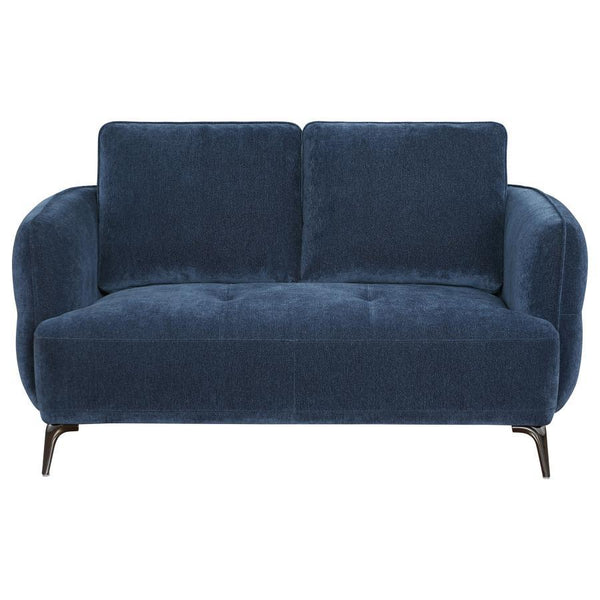  this loveseat offers both style and comfort. The deep blue upholstery adds a touch of luxur