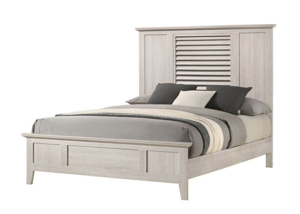 This bedroom collection radiates contemporary charm with its light wood finish and minimalist design. The bed, with its clean lines and louvered headboard, offers a modern twist on a classic design, creating a serene focal point in the room. Complementary