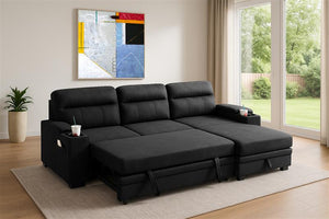 Kaden 94"W Black Fabric Sleeper Sectional Sofa Chaise with Storage Arms and Cupholder