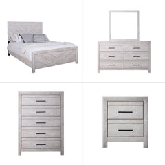 Introducing the Biscayne 5 Piece Bedroom Set, a comprehensive ensemble featuring a stylish bed, 6-drawer dresser, mirror, 5-drawer chest, and 2-drawer nightstand. Crafted with durable manufactured wood and finished with Eco-Friendly laminated surfaces, th
