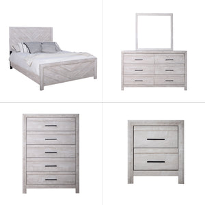 Introducing the Biscayne 5 Piece Bedroom Set, a comprehensive ensemble featuring a stylish bed, 6-drawer dresser, mirror, 5-drawer chest, and 2-drawer nightstand. Crafted with durable manufactured wood and finished with Eco-Friendly laminated surfaces, th