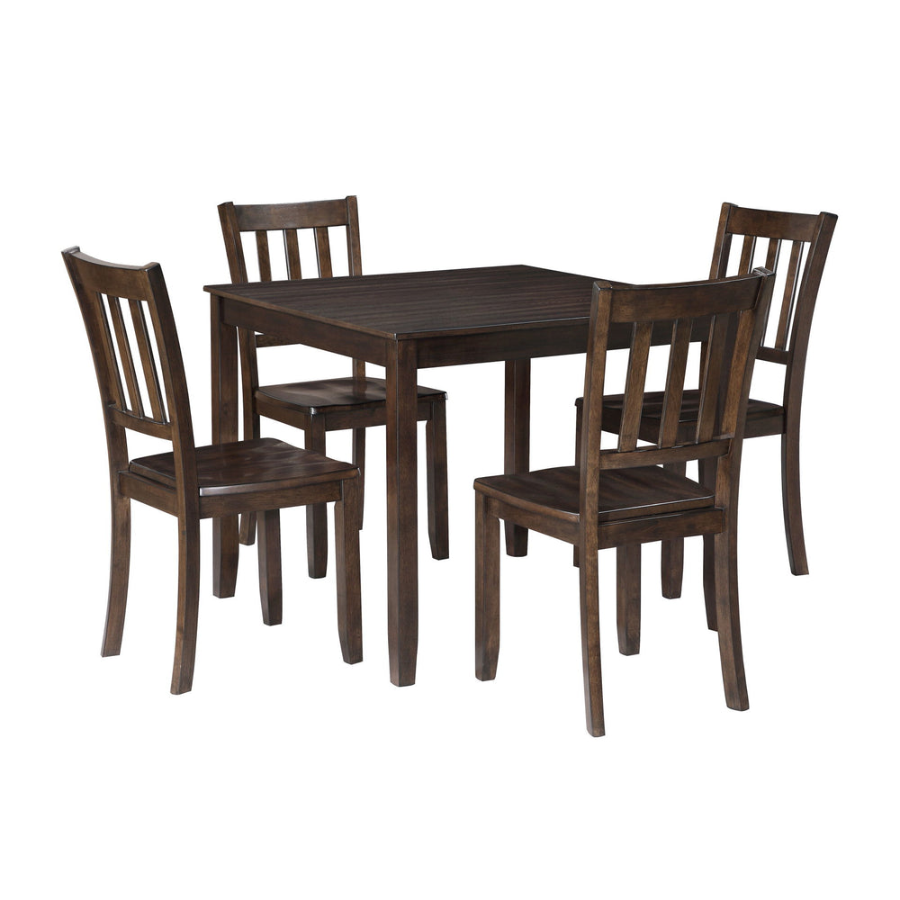 The Stellan 5 Piece Wood Dining Set in Black Cherry combines durability and style, making it an excellent choice for any home. This set includes a sturdy 36" x 36" dining table and four chairs, all crafted from solid Acacia, solid Rubberwood, and engineer