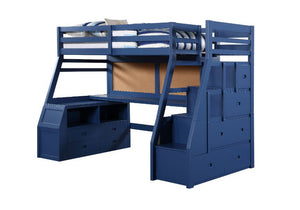 This Jason bunk bed is a twin over full bunk bed with plenty of built in storage with drawers incorporated into the stairs to upper twin bed. An additional trundle pull out bed under the lower full bed creates more space for extra use. A full guard rail w