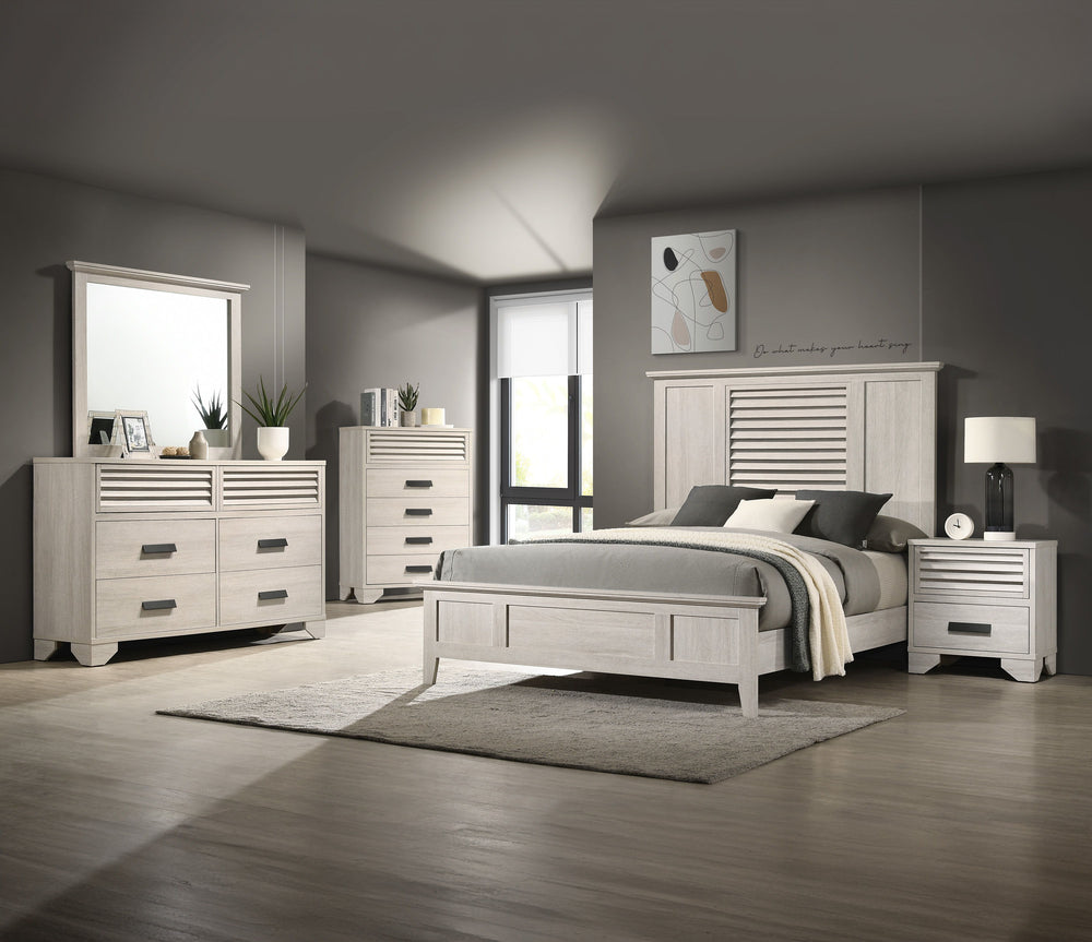 This bedroom collection radiates contemporary charm with its light wood finish and minimalist design. The bed, with its clean lines and louvered headboard, offers a modern twist on a classic design, creating a serene focal point in the room. Complementary
