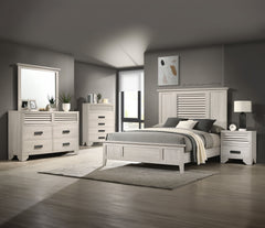This bedroom collection radiates contemporary charm with its light wood finish and minimalist design. The bed, with its clean lines and louvered headboard, offers a modern twist on a classic design, creating a serene focal point in the room. Complementary