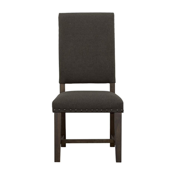  this side chair fits in seamlessly. Upholstered in sumptuous warm grey fabric. Characteristically armless for an easy getaway to the kitchen to check on your signa