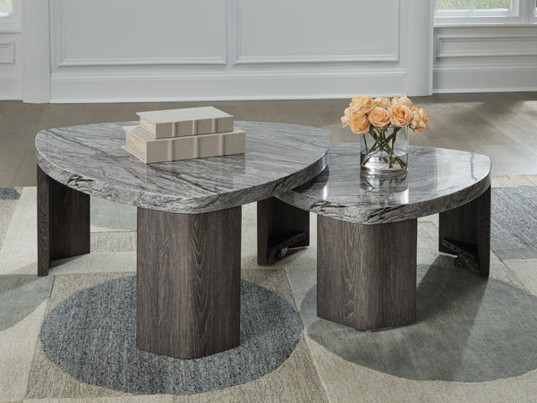  meet canâ€™t-miss function. This stacked coffee table pairs the look of faux gray marble with a weathered gray wood grain for a simply chic approach to monochromatic style. Make the most of your space with its cantilevered desi