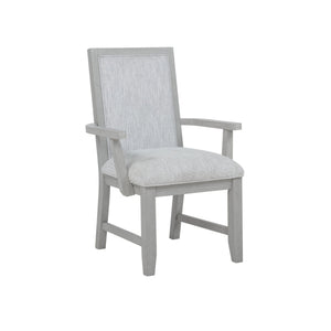 The Fiona Dining Arm Chair in Mist Gray, available as a set of two, is expertly crafted for lasting durability, blending the strength of solid Rubberwood with the precision of premium engineered woods and the eco-friendly appeal of oak-embossed laminate. 