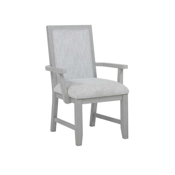 The Fiona Dining Arm Chair in Mist Gray, available as a set of two, is expertly crafted for lasting durability, blending the strength of solid Rubberwood with the precision of premium engineered woods and the eco-friendly appeal of oak-embossed laminate. 