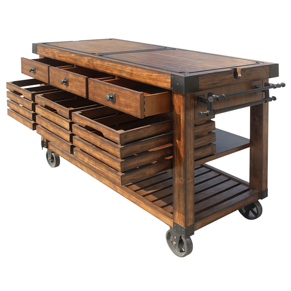The Kaif kitchen cart with durable construction of wood and metal in a unique distress chestnut finish will become a stylish and function centerpiece of your home. The kitchen cart rests on casters, allowing you to move it easily. The storage space includ