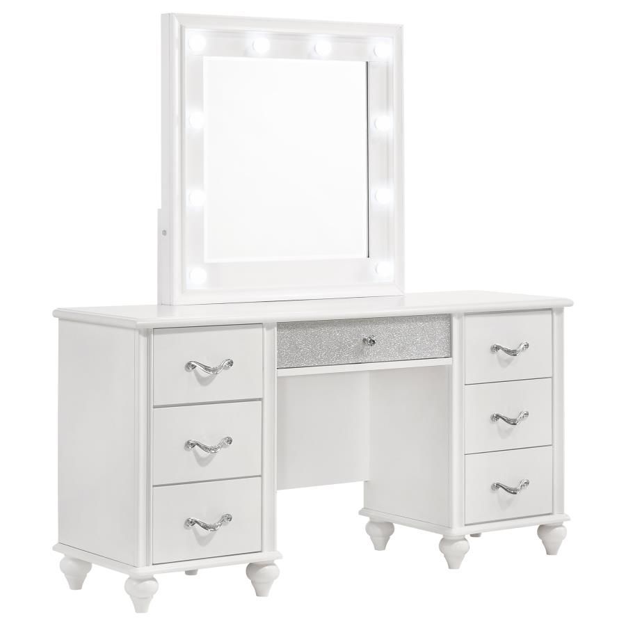 Traditional elements merge with luxe accents to create this glam vanity and mirror set. Perfectly suitable for endless color palettes, this charming, chic vanity features a bright white finish offset by polished chrome handles encrusted with glimmering di
