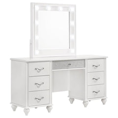 Traditional elements merge with luxe accents to create this glam vanity and mirror set. Perfectly suitable for endless color palettes, this charming, chic vanity features a bright white finish offset by polished chrome handles encrusted with glimmering di