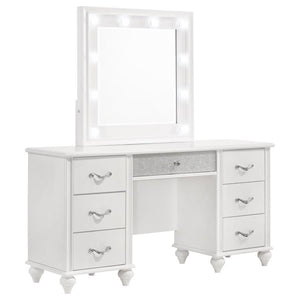 Traditional elements merge with luxe accents to create this glam vanity and mirror set. Perfectly suitable for endless color palettes, this charming, chic vanity features a bright white finish offset by polished chrome handles encrusted with glimmering di
