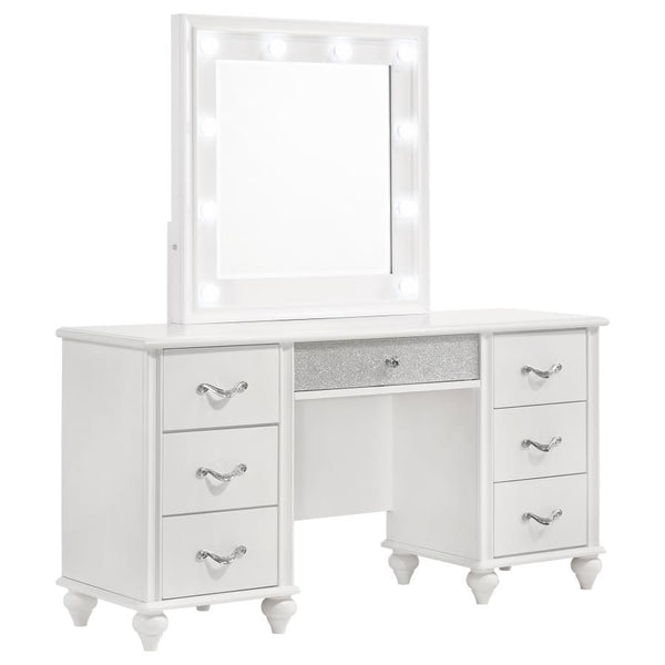 Traditional elements merge with luxe accents to create this glam vanity and mirror set. Perfectly suitable for endless color palettes, this charming, chic vanity features a bright white finish offset by polished chrome handles encrusted with glimmering di