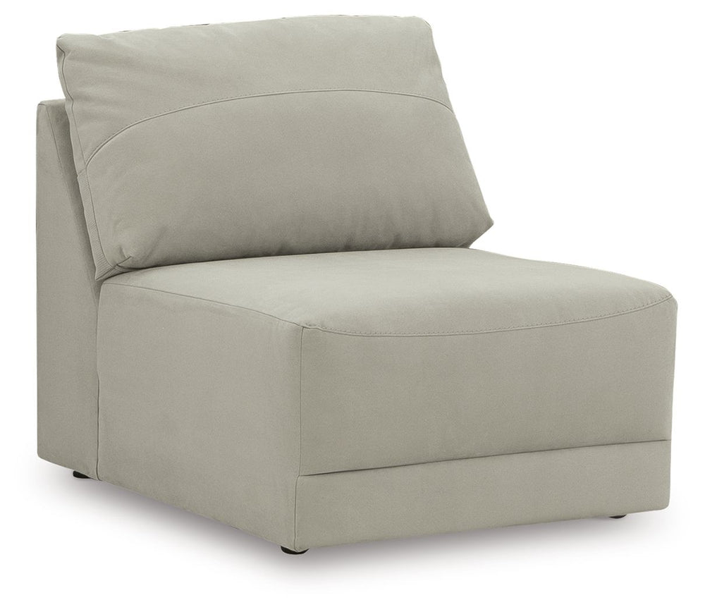 This armless chair is made with faux nubuck leather upholstery. Fully finished on all sides, it pairs with other items in the series to make a modular sectional.<br><br><b>Additional Dimensions</b><br><ul><li>Seat depth: 27-"</li><li>Seat height: 19-"</li