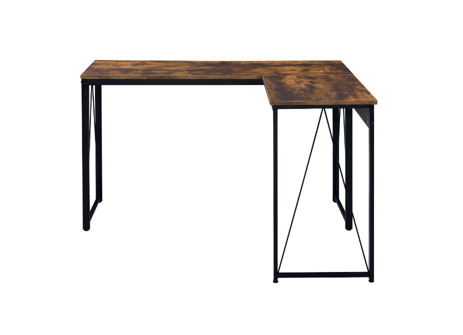Add a mixed elelments appeal to your office with this rustic industrial design. The Zetri Desk boasts a L-shaped top with a open sled base for a spacious workspace. The black metal frame keeps silhouettes neat,with reverse -"V-" shaped support for extra s