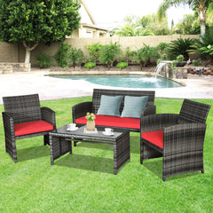 Rattan patio set includes one loveseat  two single chairs and one coffee table. <br>Made of high-quality rattan with strong built-in frame structure <br>Functional and beautiful design perfect for garden  backyard and balcony <br>Rattan coffee table with 