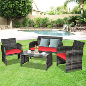 Rattan patio set includes one loveseat  two single chairs and one coffee table. <br>Made of high-quality rattan with strong built-in frame structure <br>Functional and beautiful design perfect for garden  backyard and balcony <br>Rattan coffee table with 