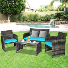Rattan patio set includes one loveseat  two single chairs and one coffee table. <br>Made of high-quality rattan with strong built-in frame structure <br>Functional and beautiful design perfect for garden  backyard and balcony <br>Rattan coffee table with 