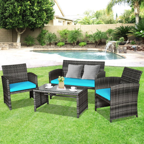 Rattan patio set includes one loveseat  two single chairs and one coffee table. <br>Made of high-quality rattan with strong built-in frame structure <br>Functional and beautiful design perfect for garden  backyard and balcony <br>Rattan coffee table with 