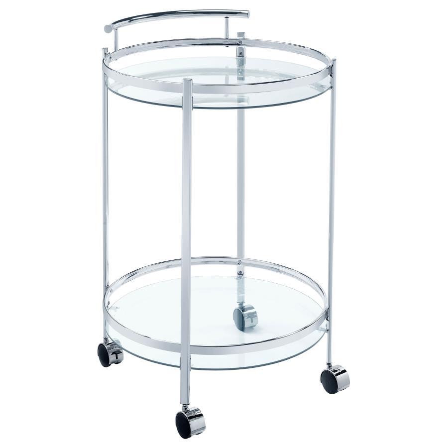 Perfect for entertaining, this modern, rolling bar cart glides from one space to the next. Caster wheels at the bottom even lock in place, creating extra stability as you pour a glass for guests. The slim, round, metal frame makes it a breeze to tuck the 