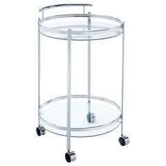 Perfect for entertaining, this modern, rolling bar cart glides from one space to the next. Caster wheels at the bottom even lock in place, creating extra stability as you pour a glass for guests. The slim, round, metal frame makes it a breeze to tuck the 