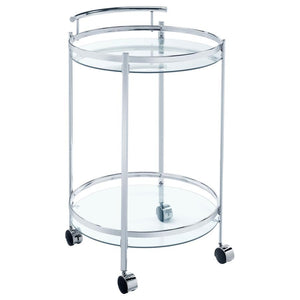 Perfect for entertaining, this modern, rolling bar cart glides from one space to the next. Caster wheels at the bottom even lock in place, creating extra stability as you pour a glass for guests. The slim, round, metal frame makes it a breeze to tuck the 