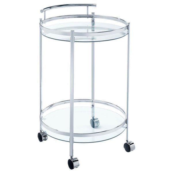 Perfect for entertaining, this modern, rolling bar cart glides from one space to the next. Caster wheels at the bottom even lock in place, creating extra stability as you pour a glass for guests. The slim, round, metal frame makes it a breeze to tuck the 
