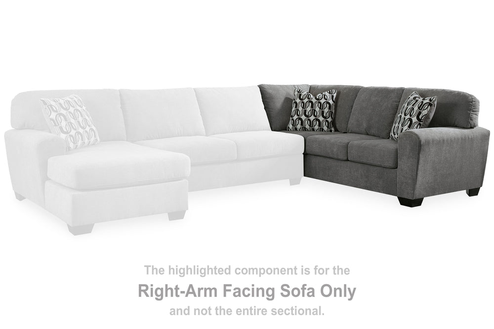 This right-arm facing sofa is made with polyester upholstery. Pairs with other items in the series to make a sectional.<br><br><b>Additional Dimensions</b><br><ul><li>Arm height: 26-"</li><li>Seat depth: 21-"</li><li>Seat height: 20-"</li><li>Top of cushi
