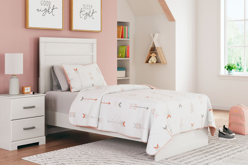 With its clean-lined look and modern attitude, this panel bed is a fresh style awakening. A crisp, white hue over subtle replicated wood grain easily complements other furniture finishes. Its simple, unadorned profile is given depth and dimension with the