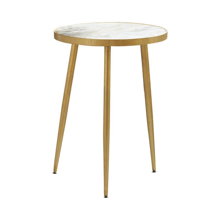This elegant side table features a genuine white marble top supported by a sturdy metal frame in a sleek gold finish. The round design brings a modern, minimalist look, while the tapered legs ensure stability and durability. Perfect as a functional accent