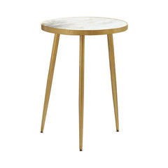 This elegant side table features a genuine white marble top supported by a sturdy metal frame in a sleek gold finish. The round design brings a modern, minimalist look, while the tapered legs ensure stability and durability. Perfect as a functional accent