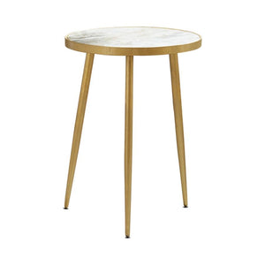 This elegant side table features a genuine white marble top supported by a sturdy metal frame in a sleek gold finish. The round design brings a modern, minimalist look, while the tapered legs ensure stability and durability. Perfect as a functional accent