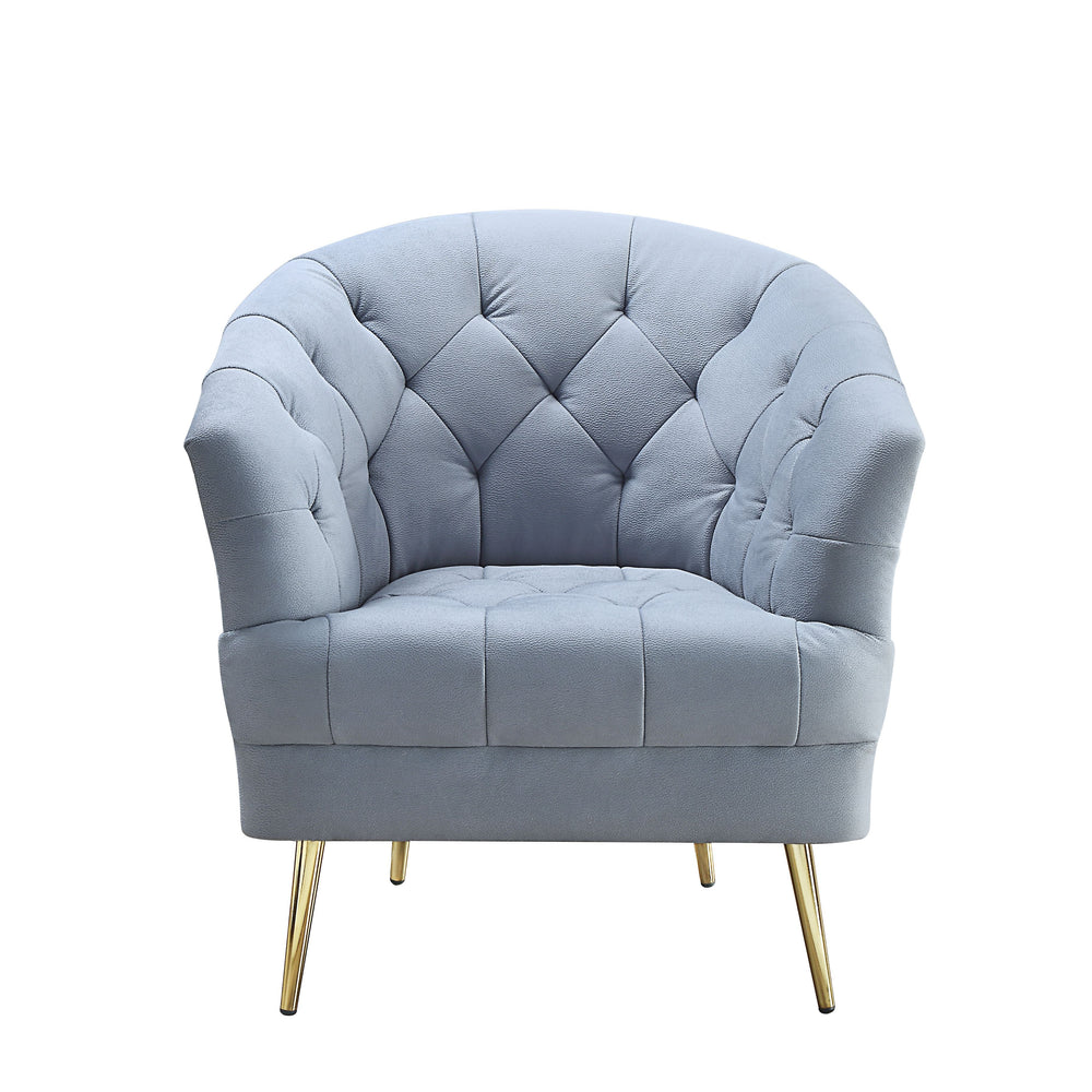The Bayram living room collection is a perfect combination of contemporary and classic. With a modern curved silhouette and classic details such as diamond button tufting to create this glamourous set. The light gray velvet upholstery paired with the meta