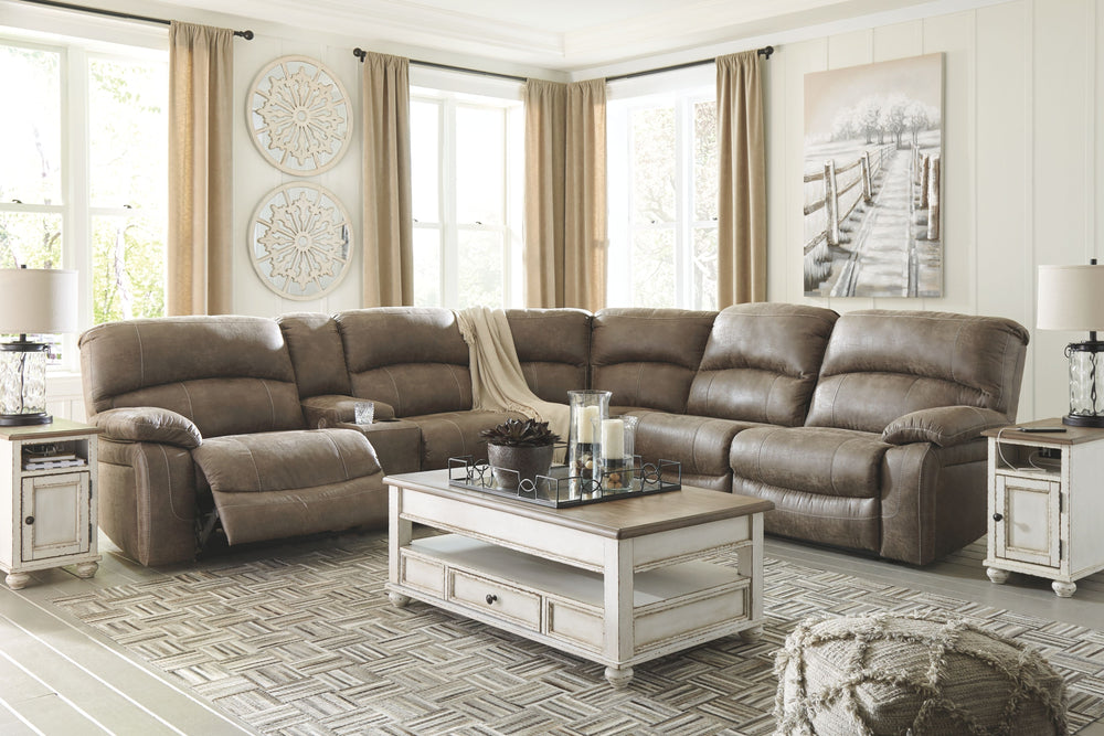 Sporting a driftwood brown faux leather with a gently distressed sense of charm, this sectional invites you to drift away in high style. Rest assured, the sectionalâ€™s leather alternative upholstery offers a warm, cozy feel, while clean-lined styling and