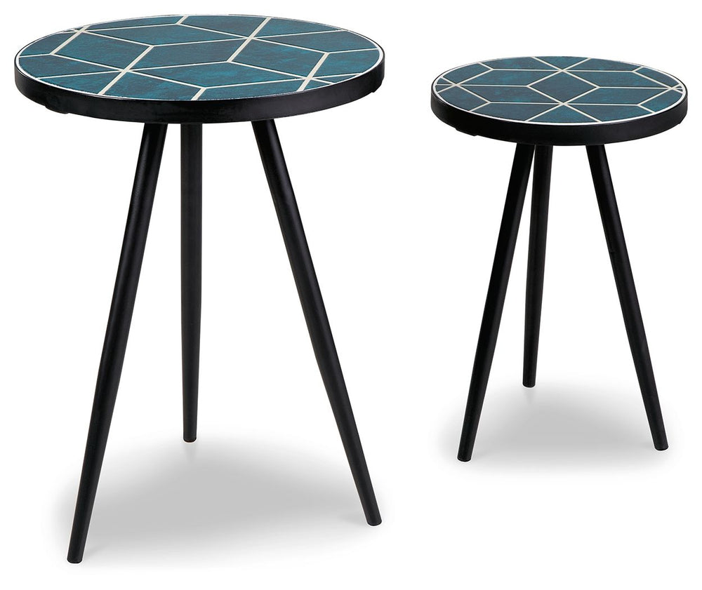 Nesting accent table set.<br><br><b>Additional Dimensions</b><br><ul><li>Accent table-large: 0-"</li><li>Accent table-small: 0-"</li></ul><br/><br/><b>Product Features</b><ul><li>Set of 2</li><li>Made with ceramic tile and metal</li><li>Two-tone teal glaz