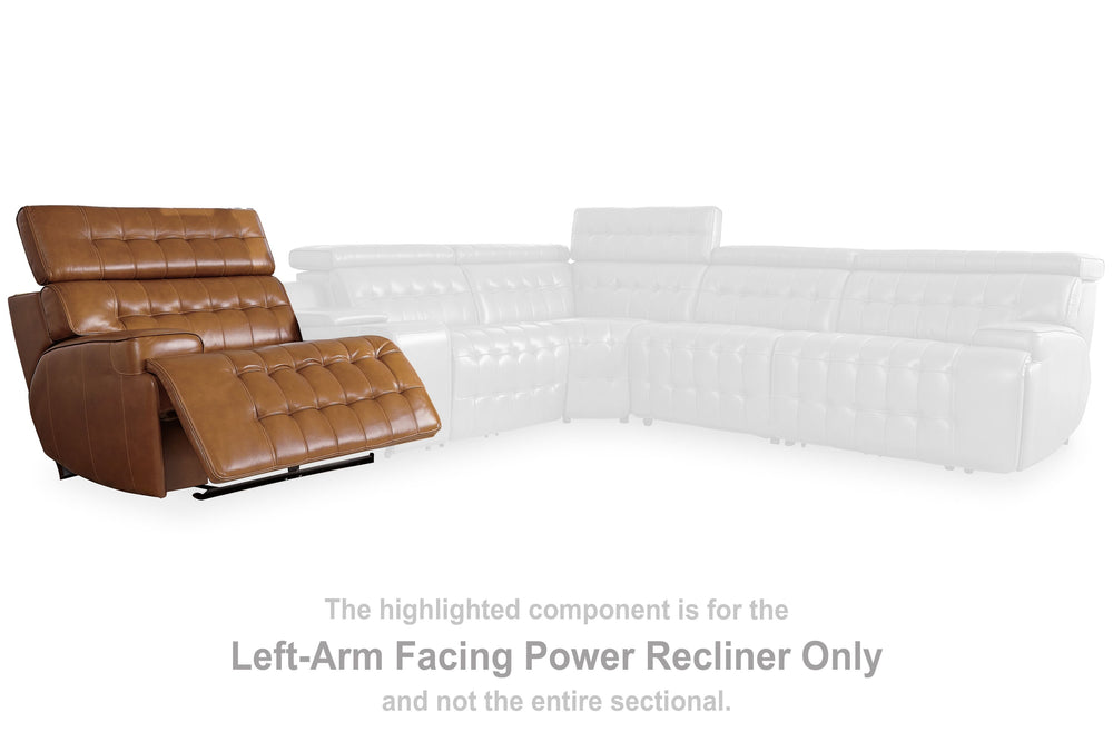 This left-arm facing power recliner is made with a combination of 100% top grain leather and faux leather upholstery. Pairs with other items in the series to make a sectional.<br><br><b>Additional Dimensions</b><br><ul><li>Adjustable height (max): 42.5-"<