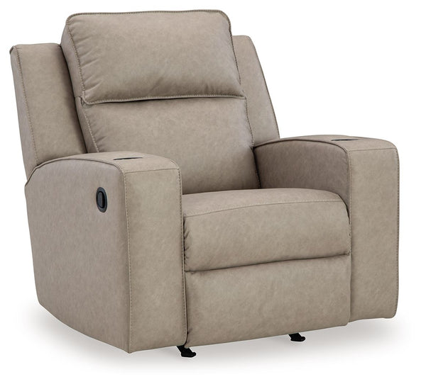 Indulge your lust for comfort and love for contemporary design with this rocker recliner. Made for easy everyday living, itâ€™s upholstered in a heavyweight padded faux leather and accented with contrast jumbo stitching for fashion-forward flair. Sleek tr