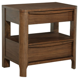 Create a space for reading materials and a table lamp at your bedside with this transitional wooden nightstand. It features two storage drawers with cedar and includes felt lining in the top drawer for added protection. Its open silhouette features a shel