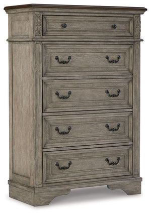 Cottage quaint styling and quality construction make this chest of drawers a dream come true. A two-tone finish provides rustic warmth, with an antiqued gray body and a rich, deep walnut on the top. Framed drawer fronts and dark bronze-tone hardware marry