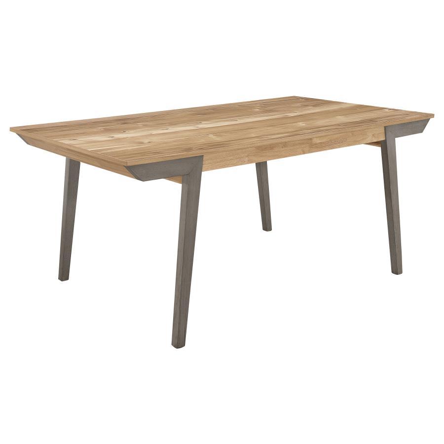 A classic farmhouse design gets a modern update in this gorgeous, wooden dining table. This tasteful piece boasts a spacious, rectangular surface with plenty of room to spread out. The top showcases natural wood grains for a cool, country vibe. A grey leg